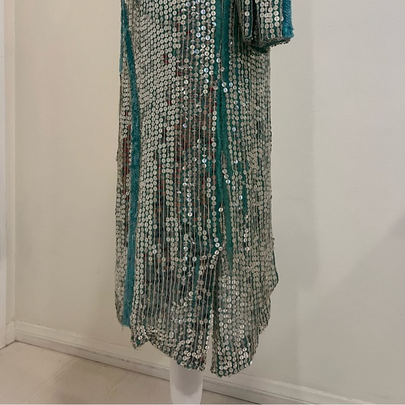 VINTAGE | SEQUIN SILK ART DECO PALM TREE MIAMI TROPICAL SILVER DISCO DRE… - Picture 13 of 15